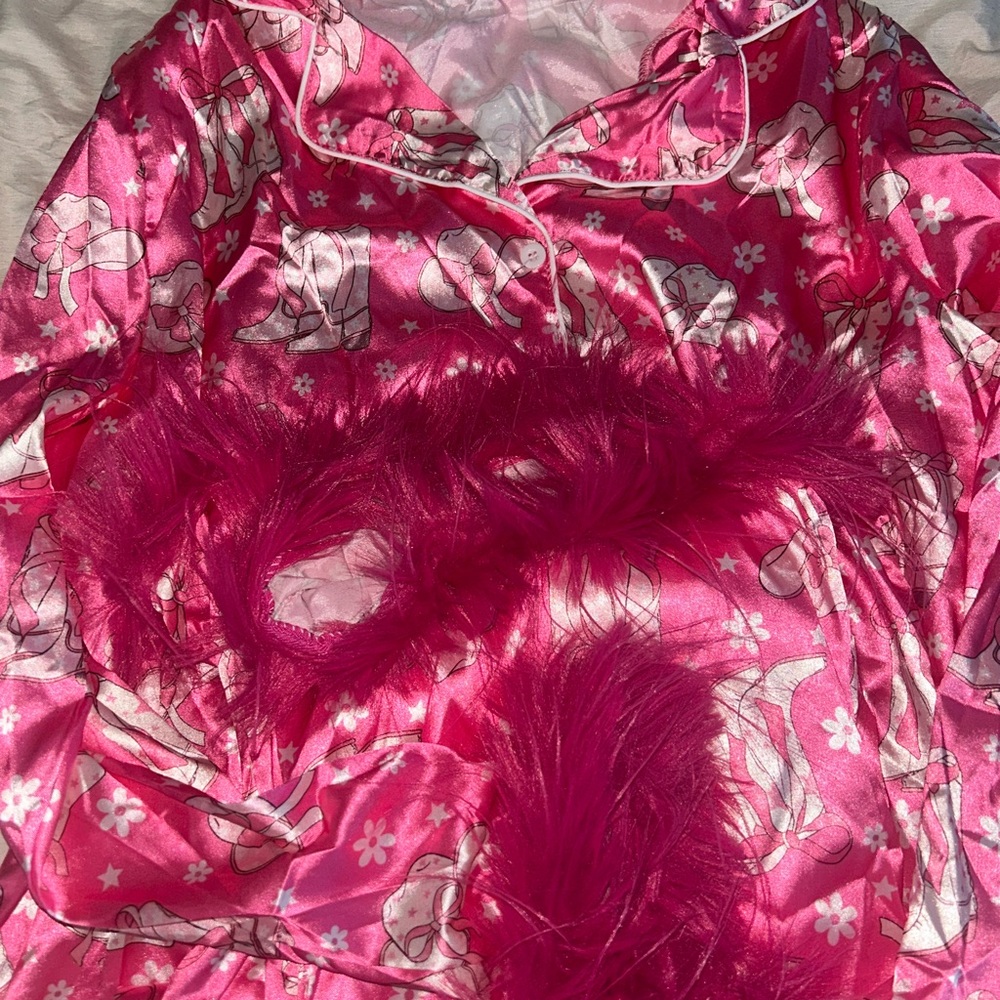 Pink Satin Pajama Set with Feather Trim